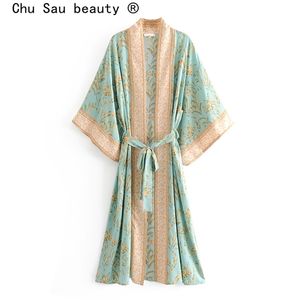 Vendita Vintage Boho Stampa floreale Long Kimono Cardigan Summer Top con cintura Beachwear Vestido Blusas Mujer 220308