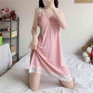 Pink Lace Night Dress Off Shoulder Sling Lingerie gown Sexy Women Gown Sleepwear Home Clothing With chest pad 210529