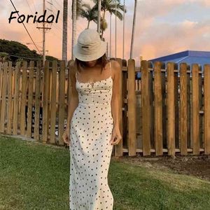 Foridol Erdbeerdruck Weiß Chiffon Langes Kleid Frauen Spaghettibügel Vintage Boho Sommer Strand Maxikleid Ärmelloses Sommerkleid X0521