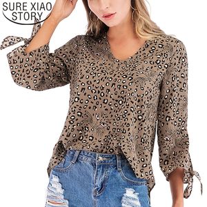 Abbigliamento moda coreana Chiffon Camicetta con scollo a V leopardato con fiocco a tre quarti Camicie da donna Camicie da donna 3366 50 210415