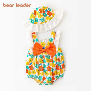 Bear Leader Baby Girls Floral Rompers Fashion Born Princess Bowknot Jumpsuits Toddler Spädbarn Ruffles Kläder med hattar 0-2Y 210708