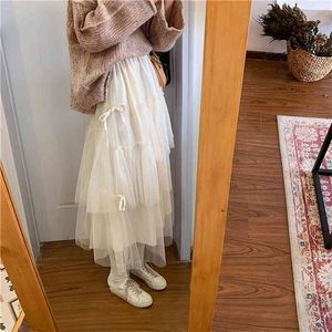 Винтажная высокая талия TUTU плиссированная юбка Kawaii нерегулярный пухлый тюль длинный сплошной цвет черный юбка корейские женщины MIDI MESH 210421