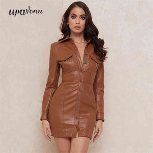 Free Fall Women PU Leather Dress Sexy Lapel Long Sleeve Single Breast Button Bodycon Halter Faux 210524