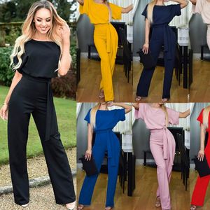 Kvinnors Jumpsuits Rompers S-3XL Kvinnor Formell Lace Up Overaller Solid 2021 Sommar Vår Personlighet Lång Jumpsuit Kortärmad Elegant Fash