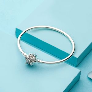 925 Sterling Silver Bangle Bracelet with Dazzling Snowflake Clasp Fits European Pandora Jewelry Charm Bracelets