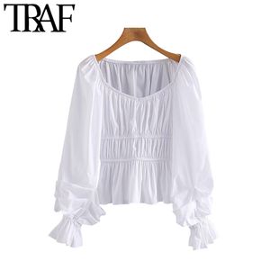 TRAF Mulheres Doce Moda Ruffled Branco Blusas Vintage V Neck Manga Longa Camisas Femininas Blusas Chic Tops 210415
