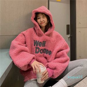 Imitation lamb wool thickened Hoodie sweater autumn winter Korean letter embroidery loose long sleeve top women's wear x183