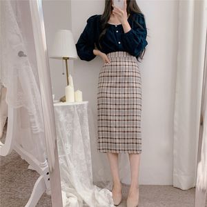 Plaid Mädchen Frühling Bluse Frauen Anzug blaues Hemd Tops hohe Taille lange A-Linie Röcke zweiteilige Anzüge Separat verkaufen 210417