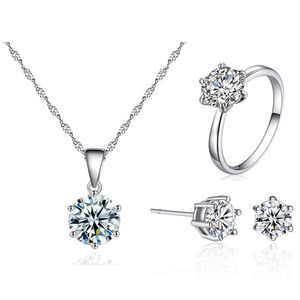 Prata um nível cúbico zirconi jóias conjunto 8mm strass pingente colares anéis e brincos para mulheres com corrente de onda de água