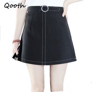 Qooth Spring Skirt 여성 짧은 블랙 스패트 높은 허리 솔리드 Preppy 스타일 A 라인 학생 크기 2xl 미니 QH995 210609