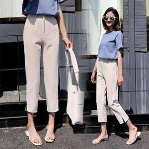 春の韓国のファッション女性の高腰緩いストレートパンツスプリットデザインスリムカジュアルな足首長さとサイズS144 210512