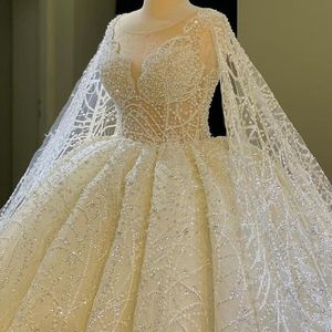 Lyxig Beading Pearls Ball Gown Bröllopsklänning med Wrap Lace Up Sequins Lång Custom Made Bridal Gowns Vestido de Novia