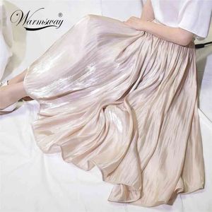 Элегантная твердая MIDI плиссированная юбка женщин корейский высокий талию весна летние дамы сатин Maxi женские фалды SAIA B-113 210621