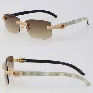 2022 Neue randlose Sonnenbrille mit Mikropavé-Diamant, Original, echtes natürliches Schwarz-Weiß-Büffelhorn, Luxusrahmen, 18 Karat Gold, C-Dekoration, männliche und weibliche Brille, Unisex