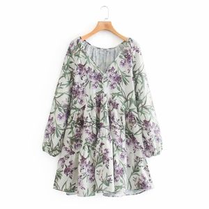 Sommer Frauen V-ausschnitt Mini Kleid Langarm Blumen Druck Hohe Taille Vintage Weibliche Elegante Lose Kleidung vestidos 210513