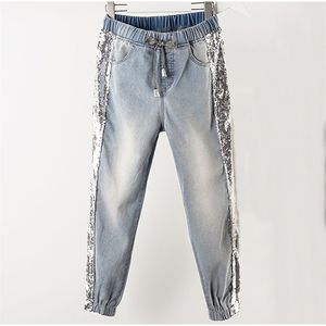 Plus Size Lantejoulas Lantejoulas Comprimento do Ankle Jeans Jeans 3xl 4XL Primavera Chi Luz Luz Azul Cintura Elástica Capris Jean Denim Calças 210708