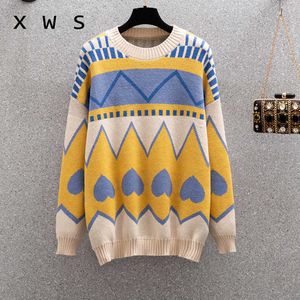 Women Winter Sweater and Pullovers Oneck Striped Vintage Knitwear Long Sleeve Oversized Pull Jumpers Winter Outwear Sweater 210604