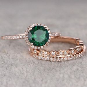 Bröllopsringar 2021 Vintage Ring Set med Green Stone Crystal Couple and Engagement for Women Man