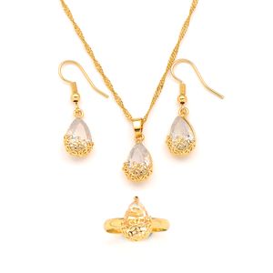 18K Gold GF Pendant Earrings Ring twisted chain Water Drop White CZ Lucency Bridal jewelry sets for Women girl Wedding Party