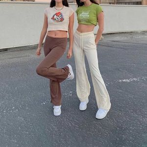 90s Estetica Ladies Flare Pants Vita alta Coulisse Pantaloni lunghi Jogger Women Y2K Harajuku Estate Autunno Streetwear Pant Q0801