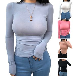 Mulheres O-pescoço t-shirt t-shirt lisa cor sólida perspectiva pulôver tops Casual outono manga comprida bodycon estiramento básico tee