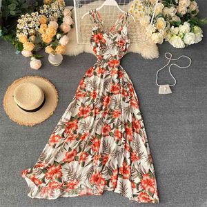 Sexy Spaghetti Strap Floral Impressão Maxi Vestido Mulheres Elegante Cruz Cruz Criss E Es Vintage Praia longa 210430