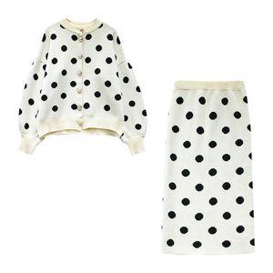 Vielleicht U Frauen stricken schwarz weiß Puff Langarm Strickjacke Mitte Wade Bleistift Midi Rock Polka Dot zwei Stücke Set elegant T0120 210529