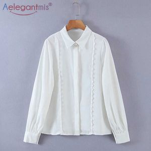 Aleegantmis Branco Vintage Pérola Botão Lace Camisas Mulheres Sólida Manga Longa Escritório Senhora Blusas Verão Verão Fino Coreano Chic OL 210607