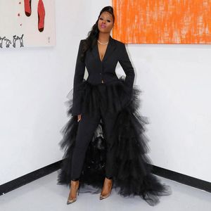 Afrika Siyah Gelinlik Modelleri Pantolon Takım Elbise Katmanlı Tren 2021 Uzun Kollu V Yaka Pageant Elbise Örgün Abiye Giyim Kadınlar İçin 2 Parça Vestido De Festa