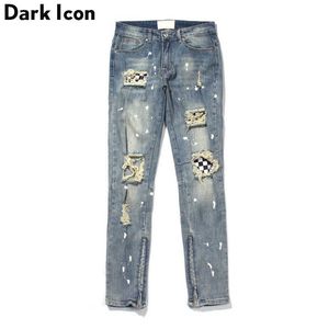 Ripped plaid patch jeans män high street ankel dragkedja män jeans vanlig stil förstörda denim byxor män 210603