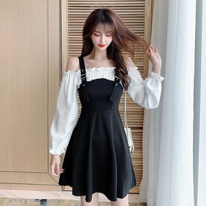 Vestidos casuales coigurarsam manga completa mujer vestido de una pieza primavera coreana cintura alta negros 1358