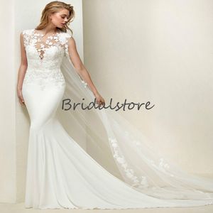 Chic Boho Mermaid Gelinlik Ile Dantel Pelerin Zarif Saten Plaj Gelinlikler 2021 Ince Artı Boyutu Ülke Gelin Dressesvestidos Noiva Robe de Soirée Mariage