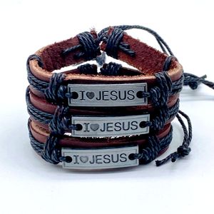 I Love Jesus Alloy Leather Handmade Charm Bracelets Bangle Valentine's Day Jewelry Gift For Women Men