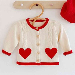 0-3 Jahre Baby Mädchen Reine Farbe Nette Liebevolles Herz Strickjacke Mantel Kinder Kleidung Frühling Herbst Gestrickte Kinder 210521