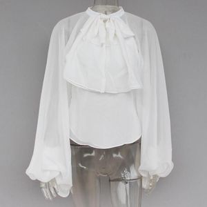 White Gothic Party Bow Blue Long Lantern Sleeve Tops Sexig Se genom transparent vintage viktoriansk Steampunk Ruffle Shirts Women's Blouse