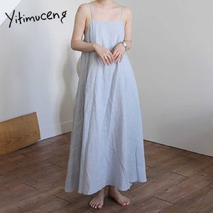 Yitimucengロングドレス女性スパゲッティストラップセクシーな背中のないストラップレスホリデーミディド​​レスコットン夏の韓国のファッション210601