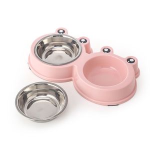 Cute Frog Kształt Okrągły Pet Bowls Dog Jedzenie Podajnik wodny Ze Stali Nierdzewnej Dish Dish Feeder Cat Puppy Karmienie Akcesoria