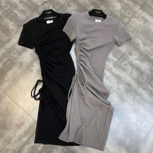 FABPOP Summer Short Sleeve O Neck Side Drawstring High Waist Slim Long Dress Women GB668 210709