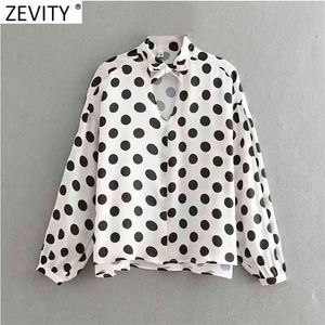 Kobiety Słodka Bow Mite Decoration Polka Dots Print Casual Smock Bluzka Kobieta Chic Długi Rękaw Marka Blusas Topy LS9073 210416