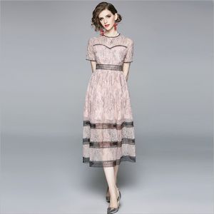 Fashion Runway Summer Dress Women Short Sleeve Lace Patchwork Vintage Female Vacation Midi Dresses Vestidos 210520