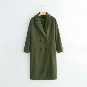 세련된 우아한 여성 녹색 모직 코트 겨울 패션 두꺼운 따뜻한 긴 혼합 오버 코트 캐주얼 여성 겉옷 210531