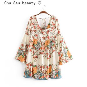 beauty Fashion Boho Floral Print Midi Dress Women Holiday Chic Pleated Fold Loose Summer Beach Wear Dresses Female 210514