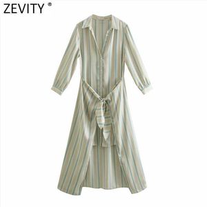 Zevity女性ヴィンテージストライププリントシングルブレストカジュアルなシャツの女性正面蝶ネクタイビジネスvestidoシックなドレスDS8174 210603