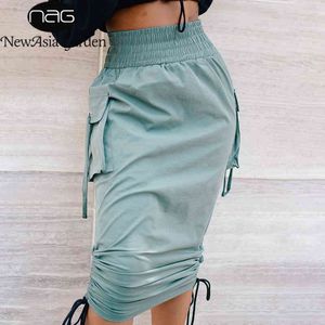 Newasia Long Skirt Woman Big Pocket Elastic Waist Drawstring Solid Color Ruched Cargo Skirt Ladiesカジュアルシックストリートウェア210413