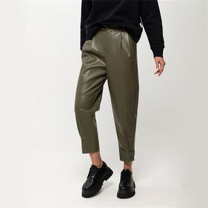 Casual Solid Color Prawdziwe Kieszonkowe Luźne PU Skórzane Spodnie Biurowe Panie Podstawowe Przycisk Zipper Harem Spodnie Moda Jesień 211112