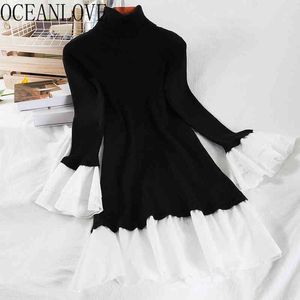 Stickade kvinnor Klänningar Patchwork Höst Vinter Vestidos Flare Sleeve Mermaid Klänning Koreanska Eleganta Robes 19352 210415