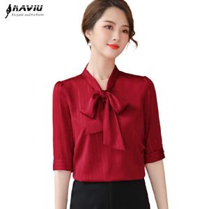 Camicia in chiffon rosso vino Donna Estate elegante fiocco Slim temperamento moda mezza manica strisce camicette ufficio donna top da lavoro 210604