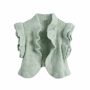 Donna Mint Green Ruffles Laminazione Decora Maglione Donna Manica corta No Duttons Cardigan Chic Top 210520