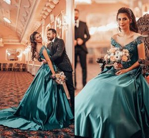 Hunter Green A Line Evening Dresses Long Off Shoulder Beadings Crystals V Neck Lace Applique Floor Length Satin Formal Prom Dress Party Wear Special Occasion Gown