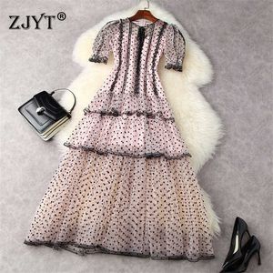 Women Fashion Summer Runway Designers Puff Sleeve Long Mesh Dress Party Cocktail Robe Femme Polka Dot Vintage Vestidos 210601